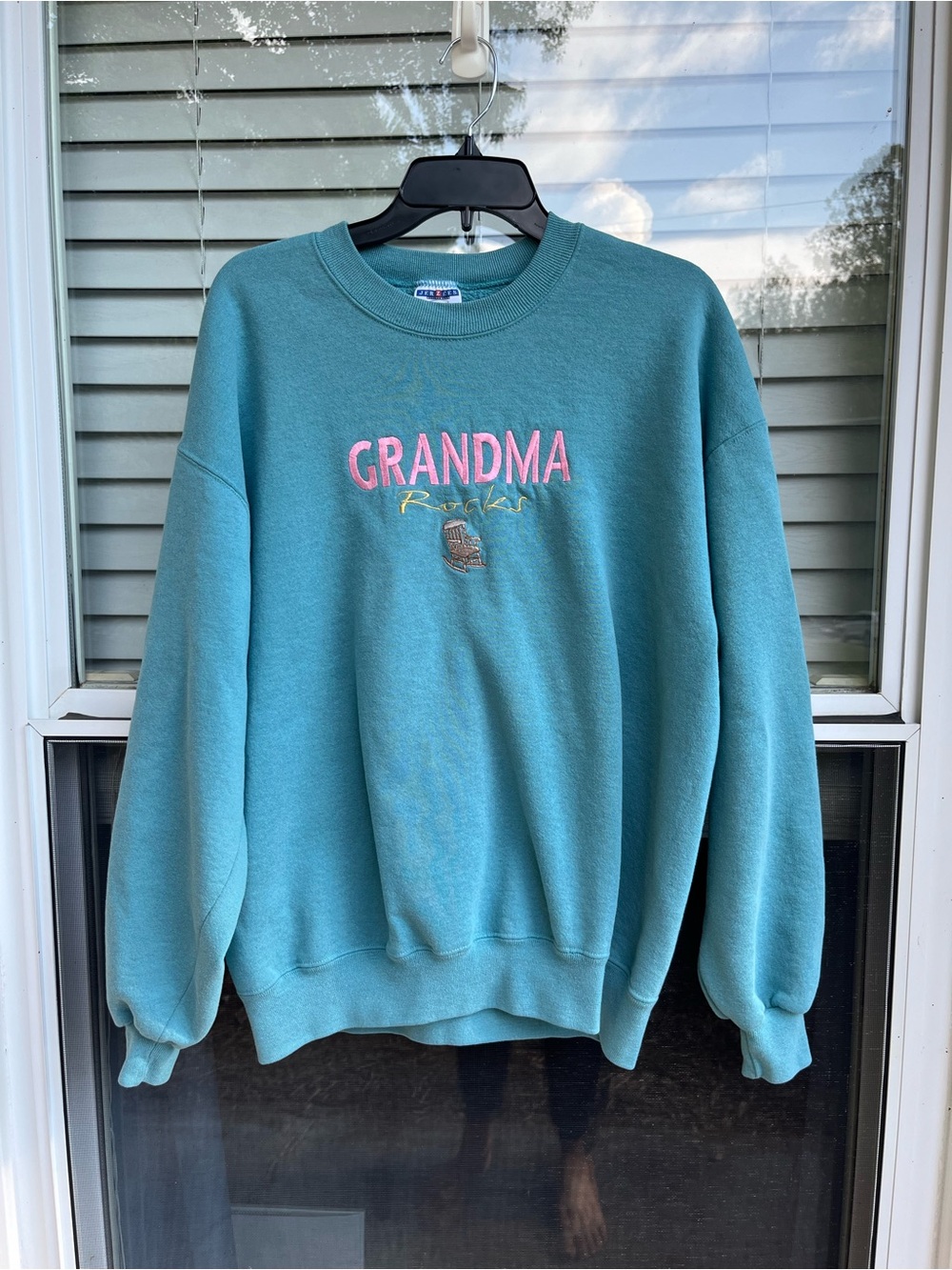 Jerzees Teal Crewneck Sweatshirt with Pink "GRANDMA" Embroidery